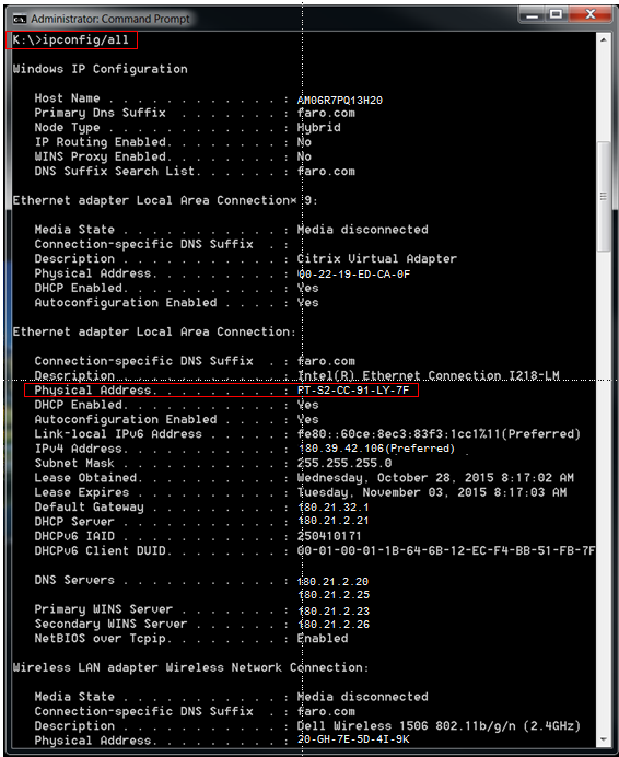 Lista de conexiones Ethernet en la ventana de DOS